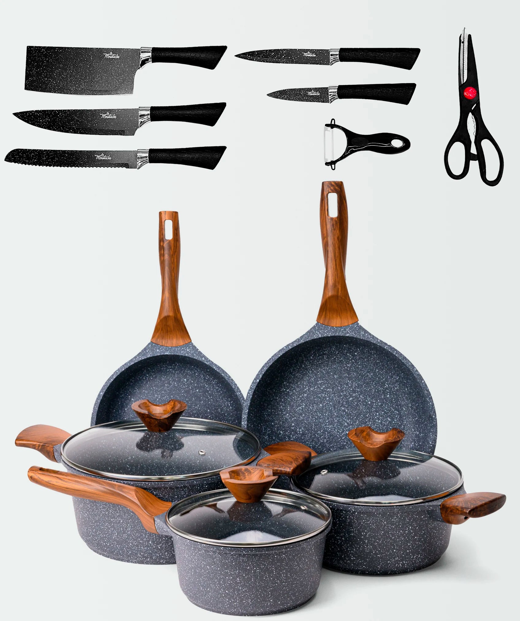 Batería de cocina Amalfi (8 unidades) con juego de 5 cuchillos, tijeras y pelador de verduras