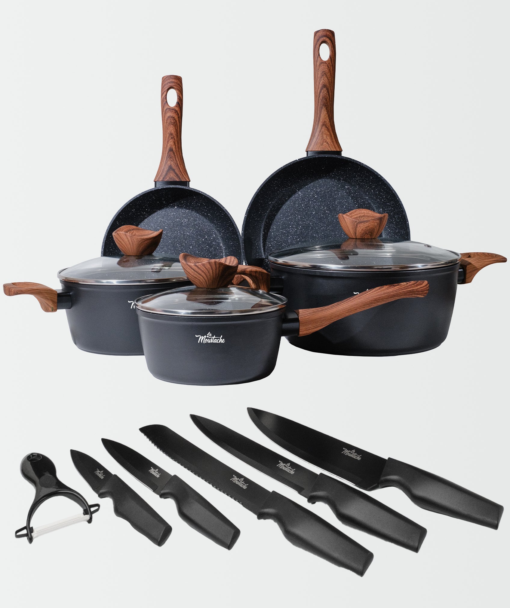 Batería de cocina callao (8 unidades) con juego de 5 cuchillos negros y pelador de verduras