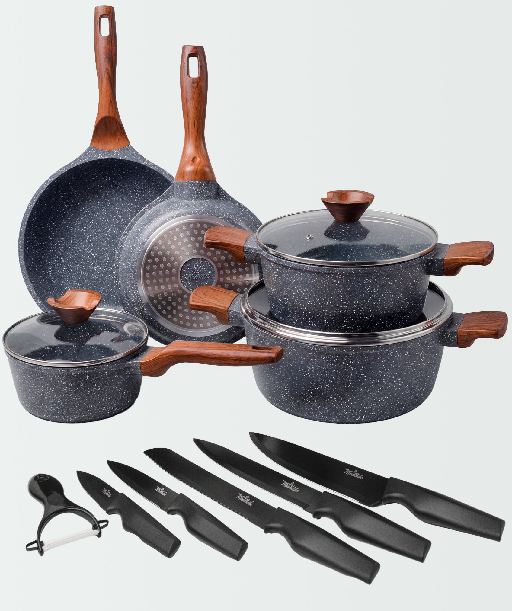 Batería de cocina Amalfi (8 unidades) con juego de 5 cuchillos negros y pelador de verduras