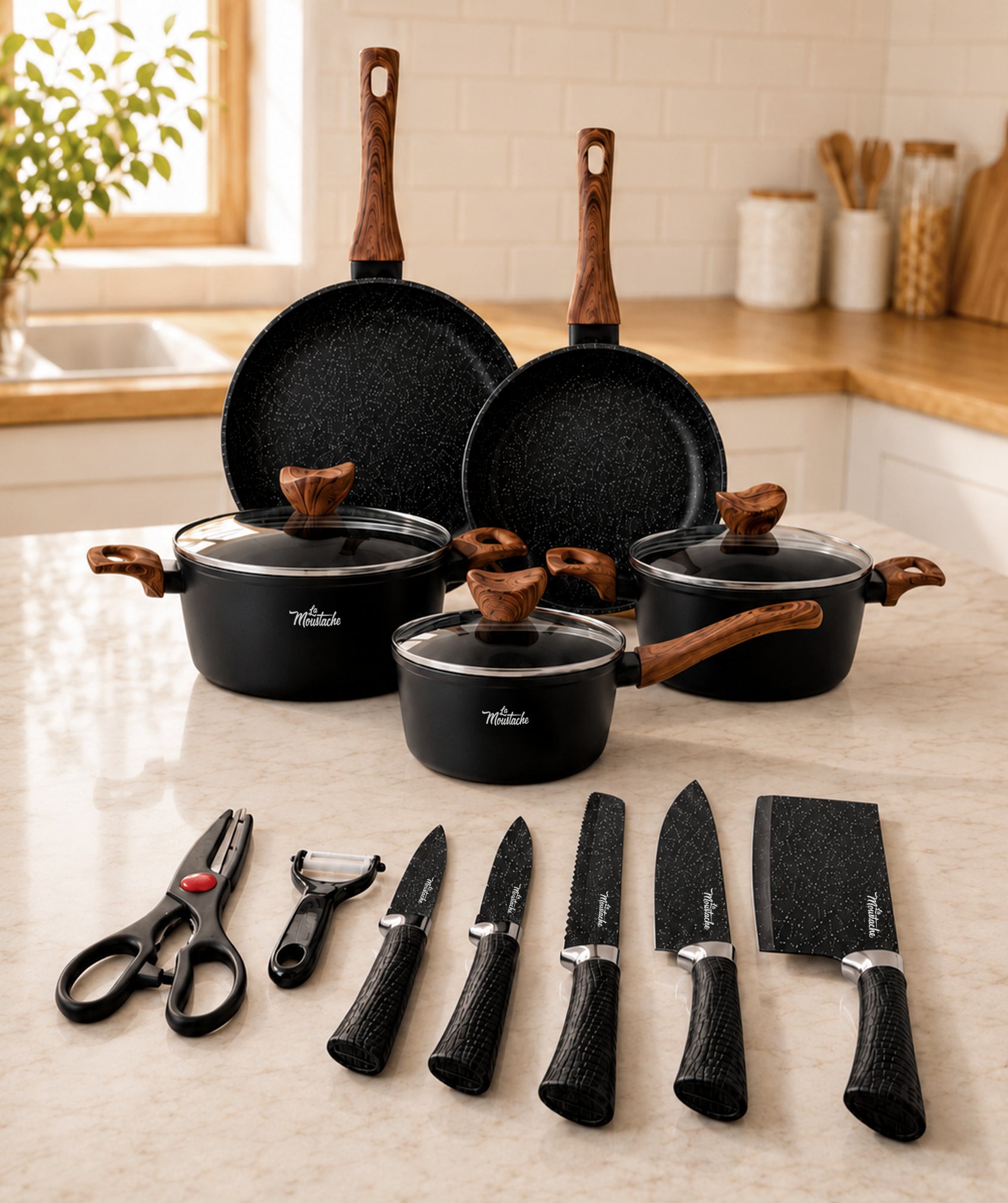 Batería de cocina Callao (8 unidades) con juego de 7 cuchillos