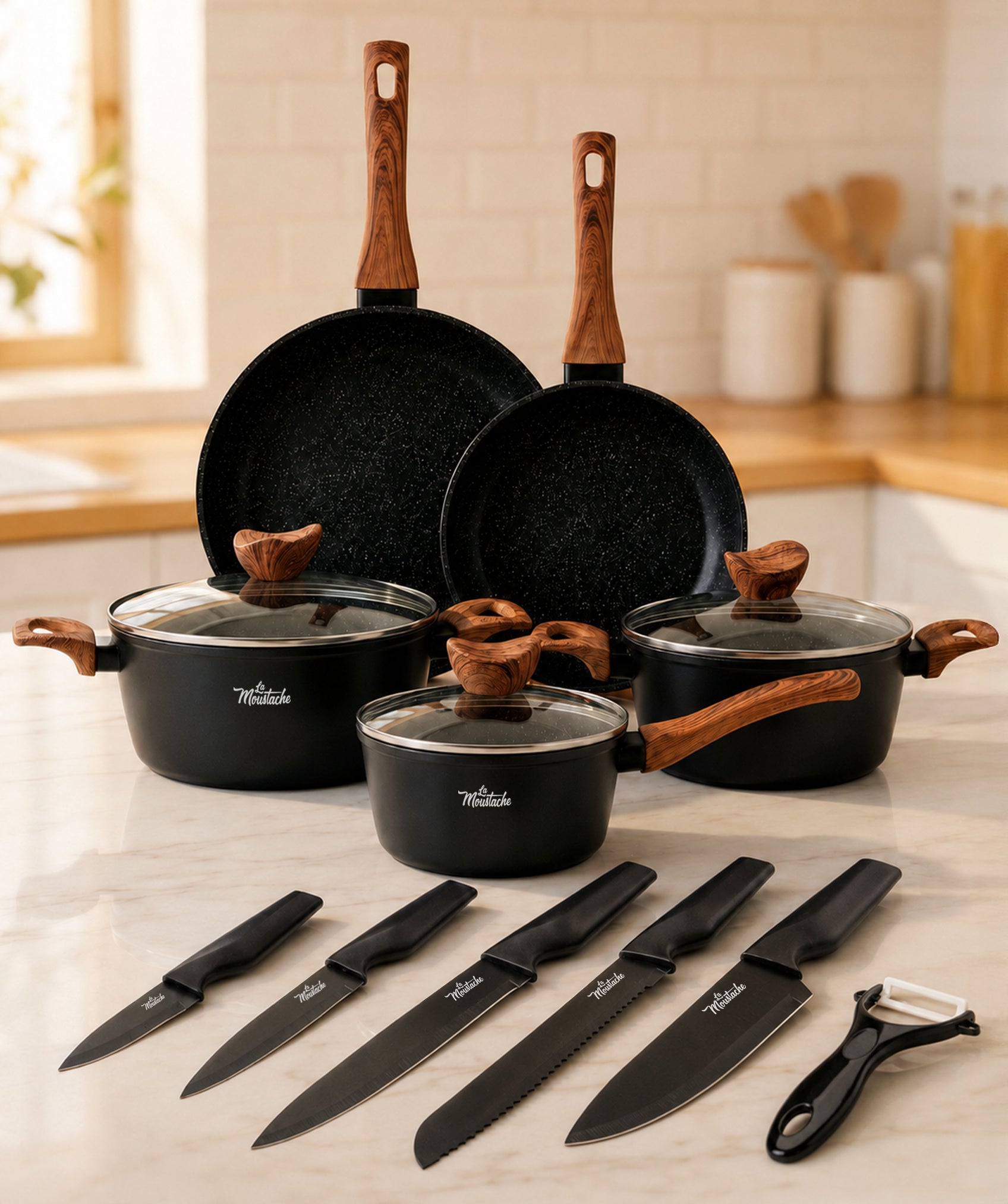 Batería de cocina callao (8 unidades) con juego de 5 cuchillos negros y pelador de verduras