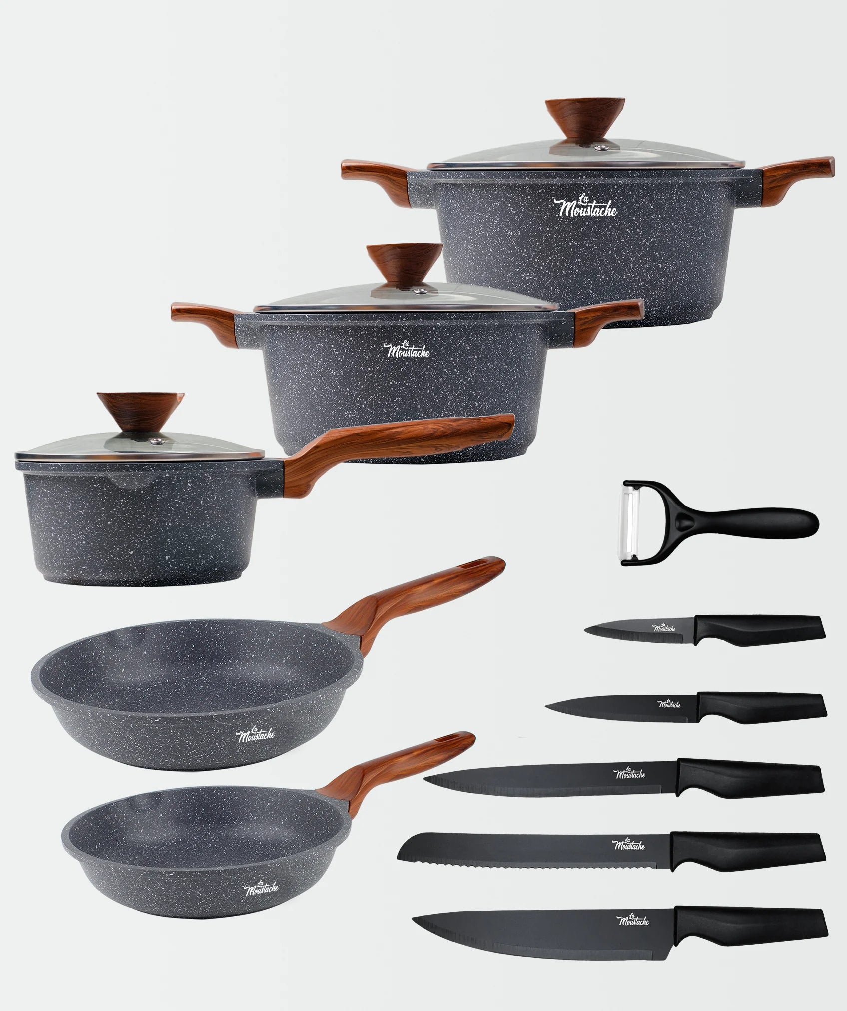 Batería de cocina Amalfi  (8 unidades) con juego de 5 cuchillos negros y pelador de verduras