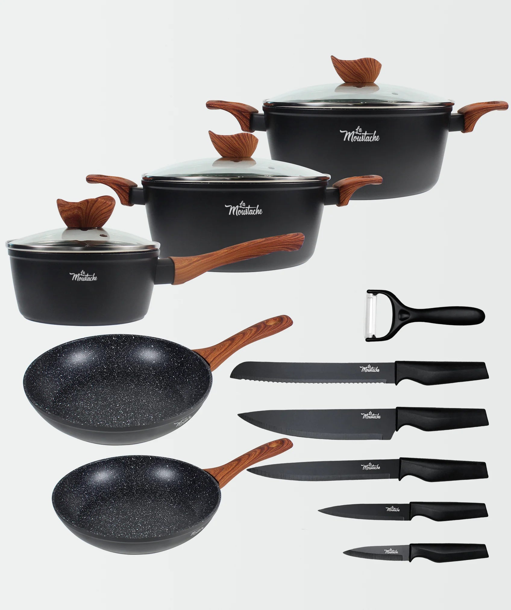 Batería de cocina callao  (8 unidades) con juego de 5 cuchillos negros y pelador de verduras