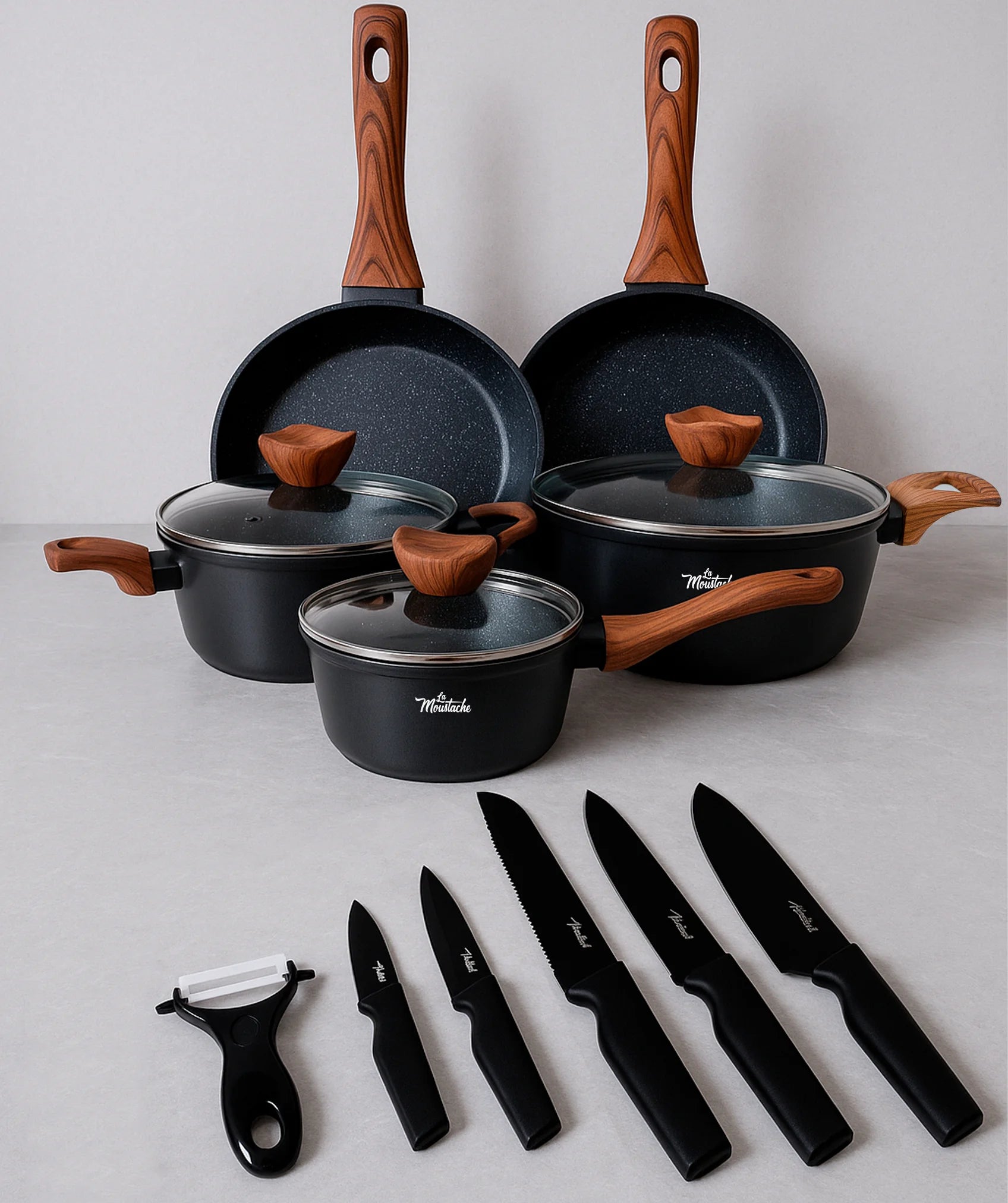 Batería de cocina callao  (8 unidades) con juego de 5 cuchillos negros y pelador de verduras