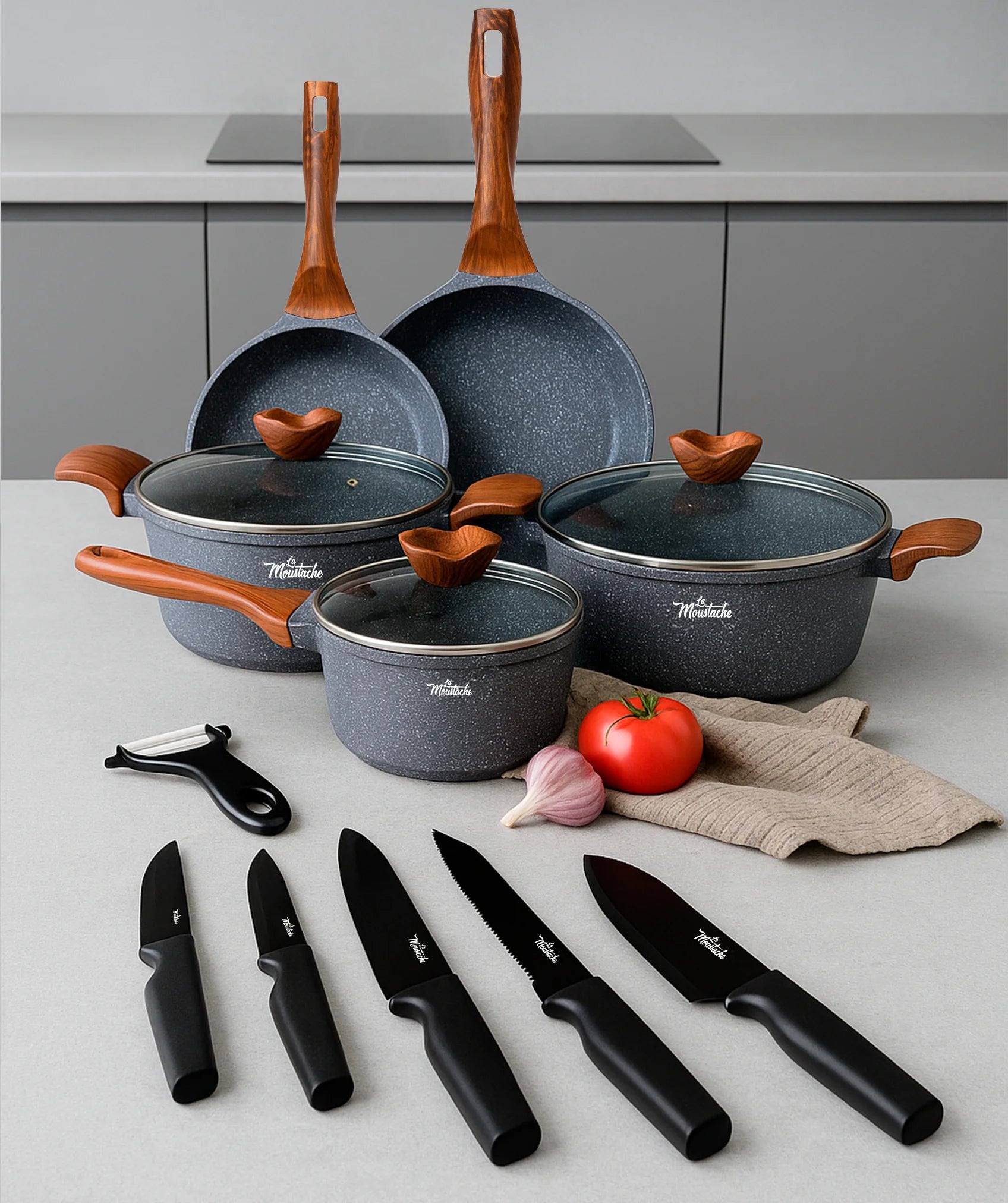 Batería de cocina Amalfi  (8 unidades) con juego de 5 cuchillos negros y pelador de verduras